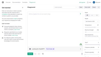 GPT-3 Playground (OpenAI) - бесплатный инструмент для письма с искусственным интеллектом. позвольте искусственному интеллекту сгенерировать любой текст, который вы можете себе представить.